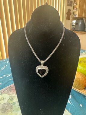 Sterling Silver Onyx and Marcasite Heart Pendant with Chain